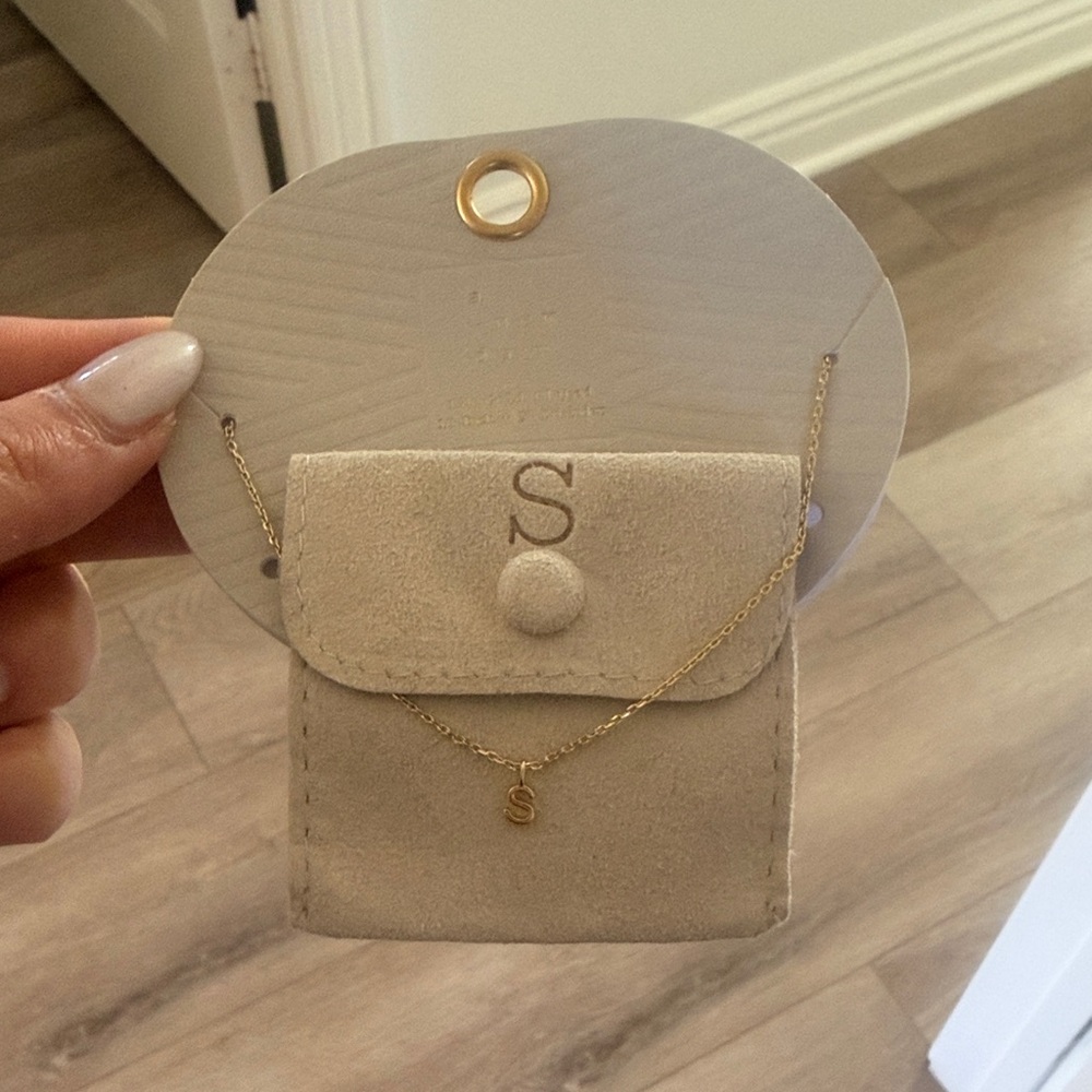 Delicate Gold Initial 'S' Necklace with Beige Suede Pouch Fashion Jewelry